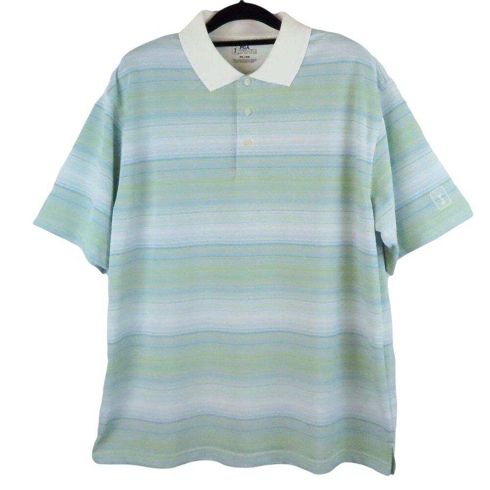PGA Tour XL Mens Stripe Polo Shirt Light Green & White Jacquard Pattern Golf Top